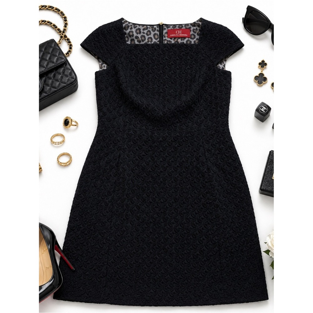 Carolina Herrera Textured Black Sheath Dress Size 14 Designer Cocktail Career - Picture 5 of 14